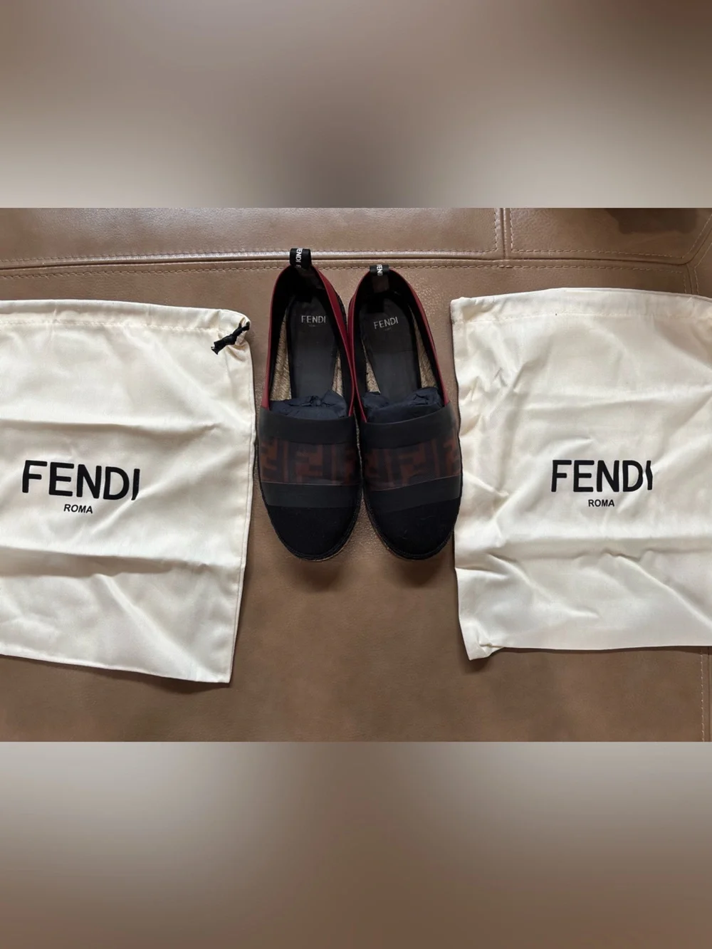 Fendi Black and Red Logo-Panel Espadrille Flats size 36 6